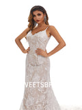 Champagne Mermaid Spaghetti Straps Handmade Lace Wedding Dresses,DB0177