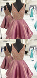 Gorgeous Deep V Neck Taffeta A Line With Rhinestone Short Homecoming Dress, BTW227