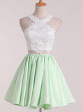 Two Pieces Halter Lace Applique Sleeveless A-line Short Homecoming Dress, BTW228