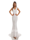 Ivory Mermaid V-Neck Backless Handmade Lace Wedding Dresses,DB0179