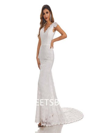 Ivory Mermaid V-Neck Backless Handmade Lace Wedding Dresses,DB0179