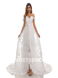 Ivory A-Line Spaghetti Straps Off Shoulder Side Slit Handmade Lace Wedding Dresses,DB0180