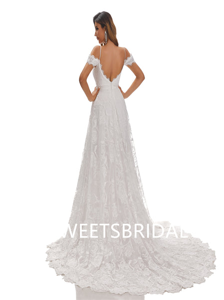 Ivory A-Line Spaghetti Straps Off Shoulder Side Slit Handmade Lace Wedding Dresses,DB0180