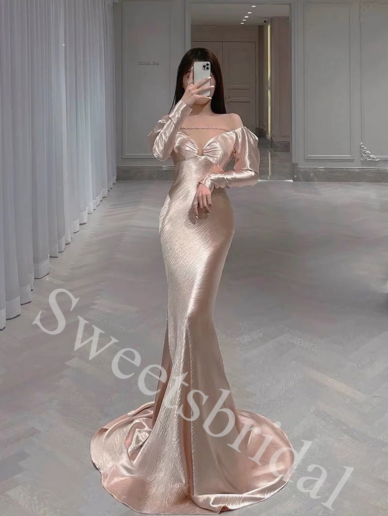 Elegant Off shoulder V-neck Long sleeves Mermaid Long Prom Dress,SW1936