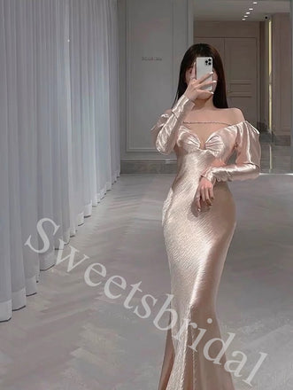 Elegant Off shoulder V-neck Long sleeves Mermaid Long Prom Dress,SW1936