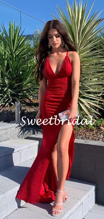 New Arrival V-neck Mermaid Side Slit Evening Party Prom Dresses,SW1136