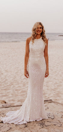 Halter Mermaid Simple Lace Sequin Sleeveless Wedding Dresses,SW1168