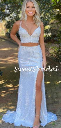 Simple V-neck Two-piece Spaghetti Strap Sequin Side Slit Long Prom Dresses.SW1146