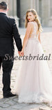 Pretty V-neck A-line Lace Tulle Sleeveless Long Wedding Dresses Evening Dresses, WD1130