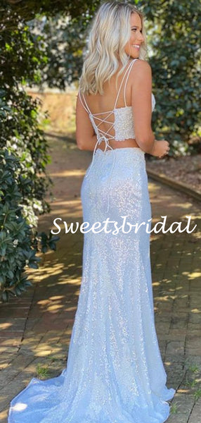 Simple V-neck Two-piece Spaghetti Strap Sequin Side Slit Long Prom Dresses.SW1146