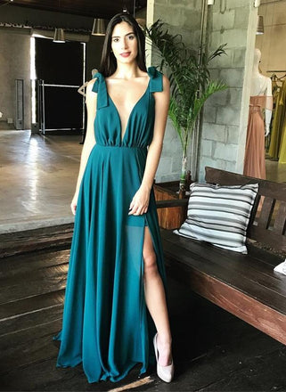 Simple Deep V Neck Side Slit Sleeveless Chiffon Long Prom Dresses ,MD370