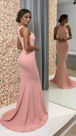 Simple Jewel Floor Length Elastic Satin Mermaid Long Prom Dresses ,MD376