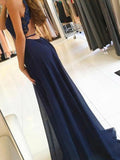 Pretty Navy Blue Lace Top Deep V-Neck Halter Side Slit Evening Prom Dresses ,MD363