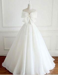 Unique White Bow Strapless A Line Floor Length Lace Up Long Prom Dresses, MD438