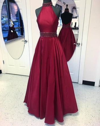 Simple Burgundy Halter Backless Satin A Line Floor Length Long Prom Dresses, MD450