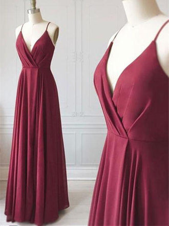 Simple Spaghetti Straps V Neck Burgundy Chiffon Long Prom Dresses ,MD369