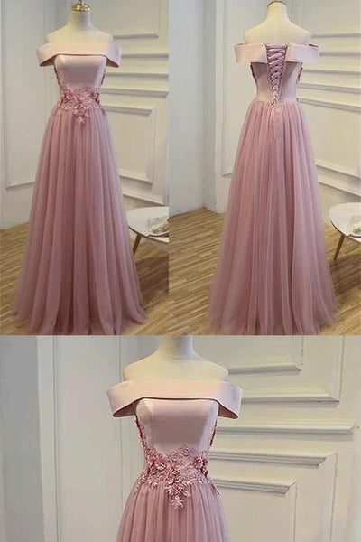 Charming Off The Shoulder Lace Applique A Line Lace Up Long Prom Dresses, SW1021