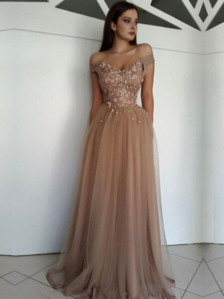 Elegant Off The Shoulder Lace Beaded A Line Floor Length Long Prom Dresses, MD441