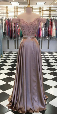 Pretty Two Pieces Off The Shoulder Lace Top A Line Long Prom Dresses, MD424