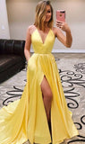 Simple Yellow A Line Satin V Neck Side Slit Long Prom Dresses ,MD372