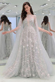 Gorgeous Long Sleeves A Line Floor Length Tulle Long Prom Dresses, MD447