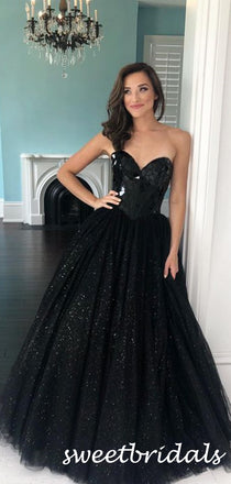Simple Sweetheart A-line Tulle Sequin Long Prom Dresses.SW1179