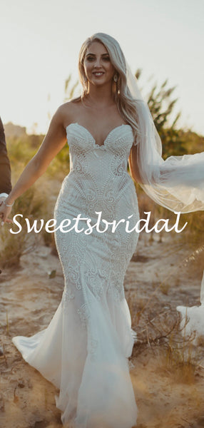 Charming Sweetheart Mermaid Sleeveless Tulle Lace Long Wedding Dresses,WD1152