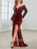 Elegant V-neck Off-shoulder Side slit Mermaid Prom Dresses, SW1444