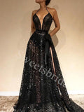 Black Elegant Halter Sleeveless Side slit A-line Prom Dresses,SWW1747
