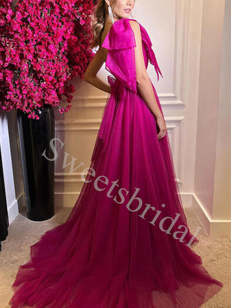 Elegant One shoulder Side slit A-line Prom Dresses,SW1780