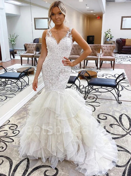 Elegant V-neck Sleeveless Mermaid lace applique Wedding Dresses,DB0278