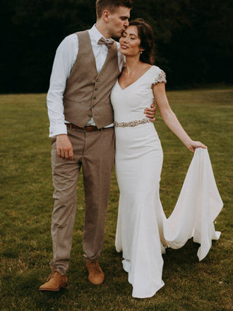Pretty Vintage V-neck Cap Sleeve Mermaid Long Wedding Dresses Evening Dresses,WD1139