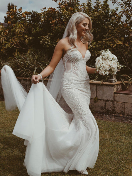 Charming Sweetheart Mermaid Sleeveless Tulle Lace Long Wedding Dresses,WD1152