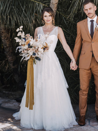 Charming V-neck A-line Lace Simple Long Wedding Dresses, WG208