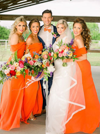 Colorful Off-shoulder Mermaid Side Slit Long Bridesmaid Dresses Online, SWE1234