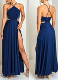 Pretty High Neck Criss Cross Side Slit Royal Blue Long Prom Dresses, DPB161