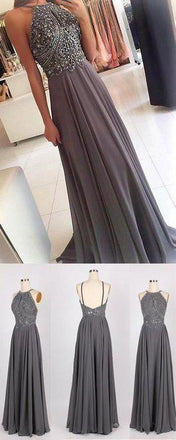 Gorgeous Grey Halter Chiffon With Beading Evening Dress Long Prom Dresses, MD393