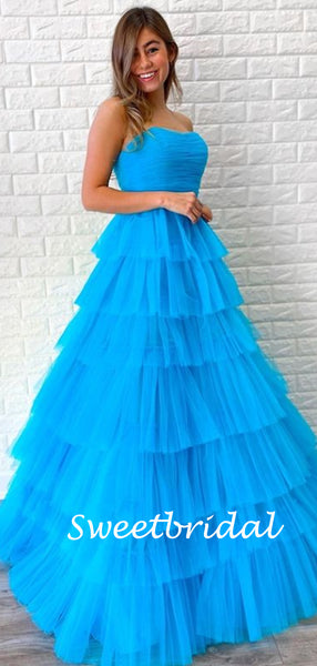 Blue Straight Tulle A-line Simple Long Prom Dresses, SW1016