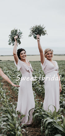 Simple V-neck Short Sleeve Chiffon Party Dresses Long Bridesmaid Dresses, SW1113