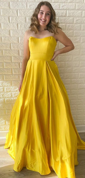 Simple Sweetheart A-line Satin Yellow Long Prom Dresses.SW1180