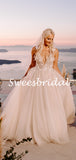 Charming V-neck A-line Sleeveless Tulle Lace Long Wedding Dresses,WD1153