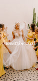 Charming V-neck A-line Sleeveless Tulle Lace Long Wedding Dresses,WD1153