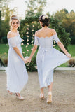 Elegant Lace Top Off The Shoulder High-Low Ankle Length Bridesmaid Dresses, BW0617