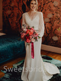 Simple V-neck Long sleeves A-line Wedding Dresses, DB0243