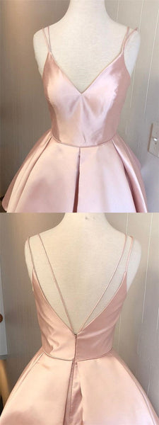 Simple V Neck Spaghetti Strap Pink A Line Mini Short Homecoming Dress, BTW138