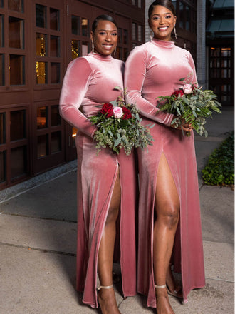 Elegant Halter Mermaid Side Slit Velvet Long Bridesmaid Dresses ,SWE1235