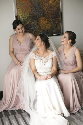 Simple V Neck Sleeveless Chiffon A Line Floor Length Long Bridesmaid Dresses, SW1041
