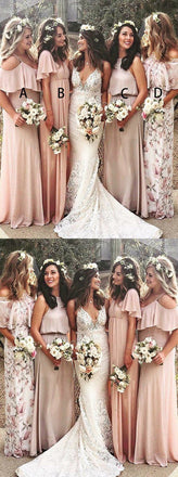 Mismatched A Line Floor Length Cheap Chiffon Long Bridesmaid Dresses, SW1038