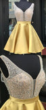 Elagant Yellow Pretty A Line Satin Beaded Short Homecoming Dresses, BTW148