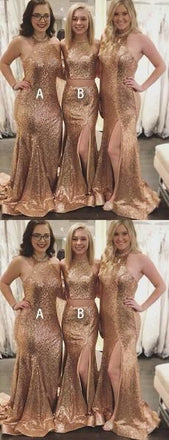Mismatched Side Slit Sweep Trailing Sequined Mermaid Long Bridesmaid Dresses, SW1060